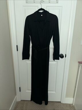 Black Long-Sleeve Maxi Shirt Dress with Waist Tie